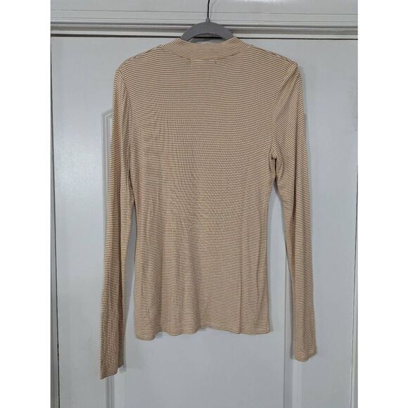 Anthropologie Pure is Good Mock Neck Striped‎ Shirt women's neutral tan ribbed - Picture 7 of 7